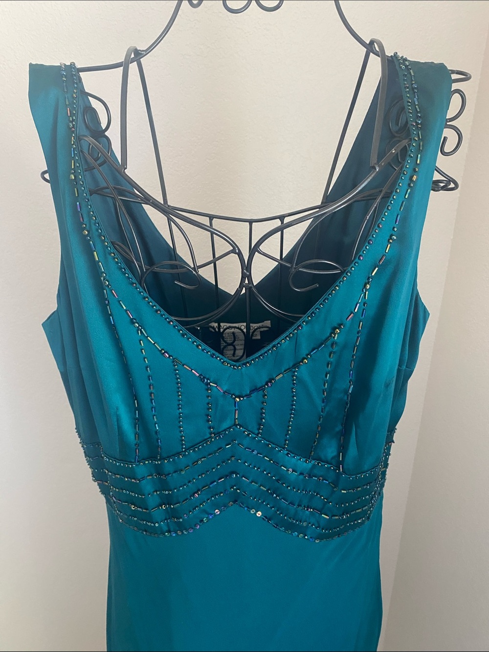 Beautiful SilkTeal Beaded V-Neck Evening Maxi Dress